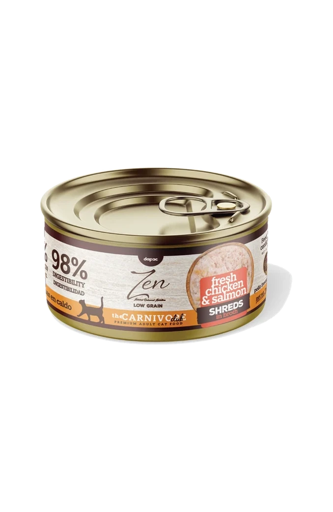 Lata de Zen hebras de pollo y salmón en guiso